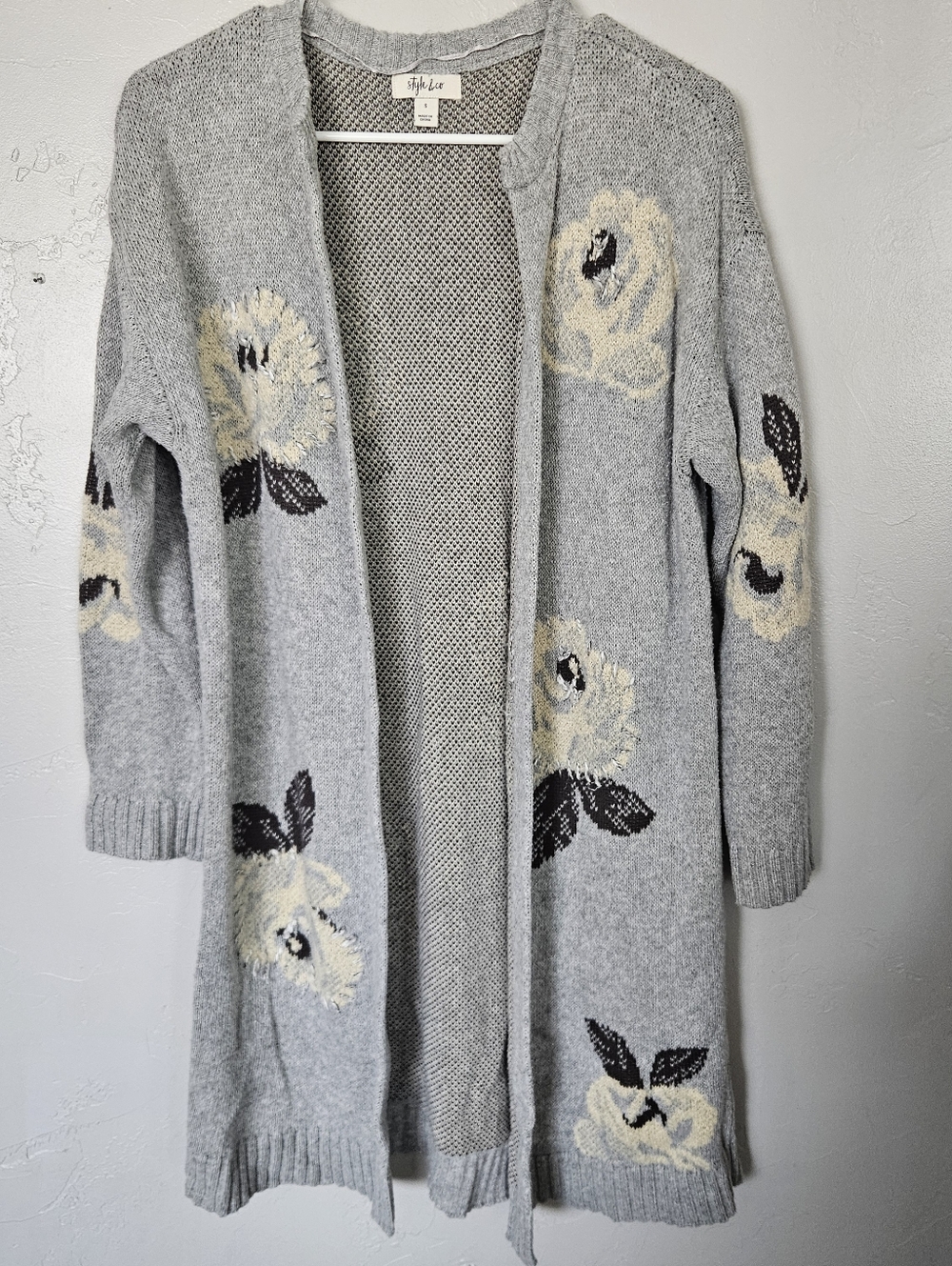 Gray Floral Open-Front Cardigan Sweater Duster Neutral Women's Small Style & Co.